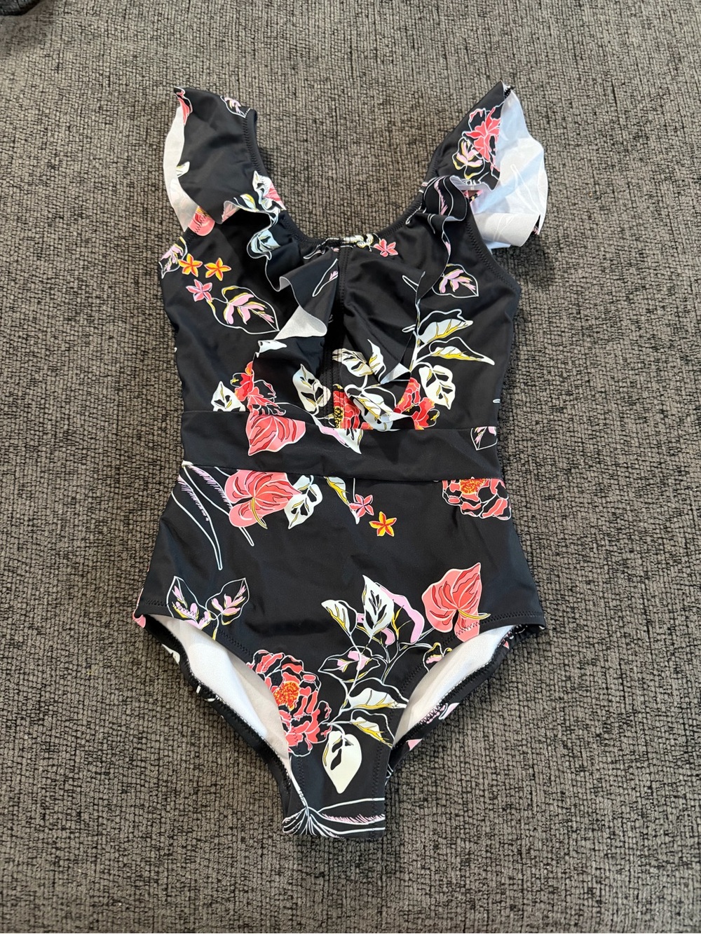 Kanu Surf Black Floral Ruffle One-Piece Swimsuit for Kids